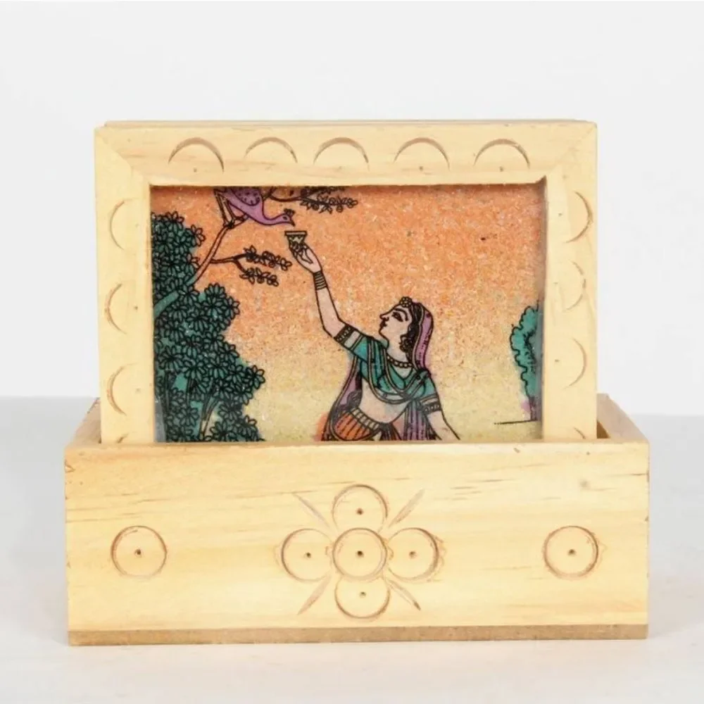 Gemstone Wood Coasters‎ Painted Square Tea India Drink Handmade Wooden Set = 6